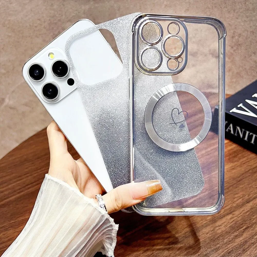 iPhone 15 Pro Max Case Magnetic Soft Cute Luxury Love Heart Silver MagSafe Clear
